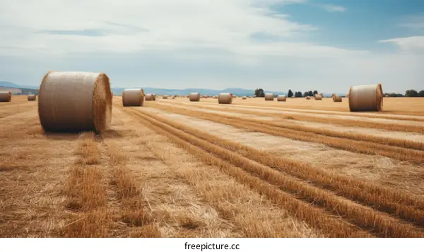 Field of hay rolls under blue sky