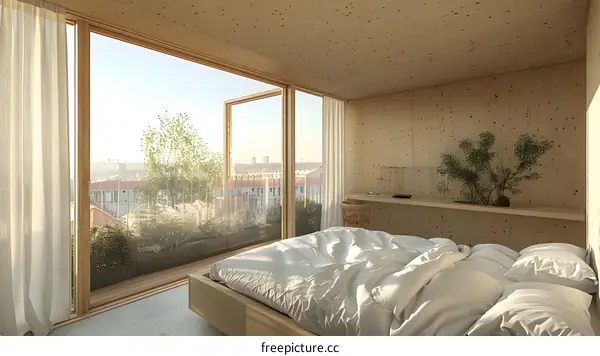 A bedroom with a large window and a view of the city