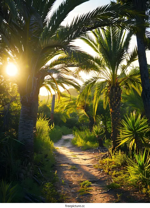 Palm Trees Path at Sunset