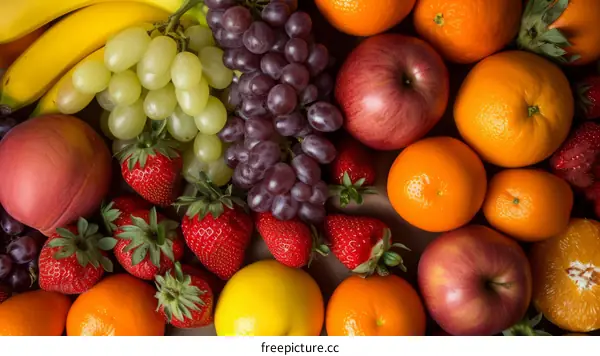 A variety of fruits including apples, grapes, bananas, oranges, and strawberries