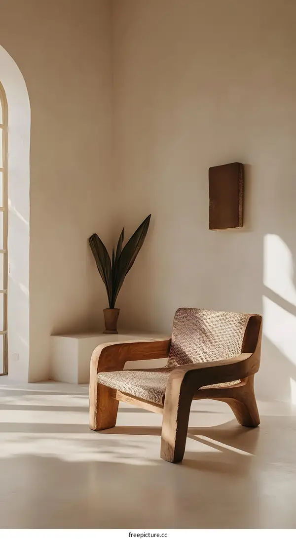 Wooden Chair in Minimalist Interior with Sunlight