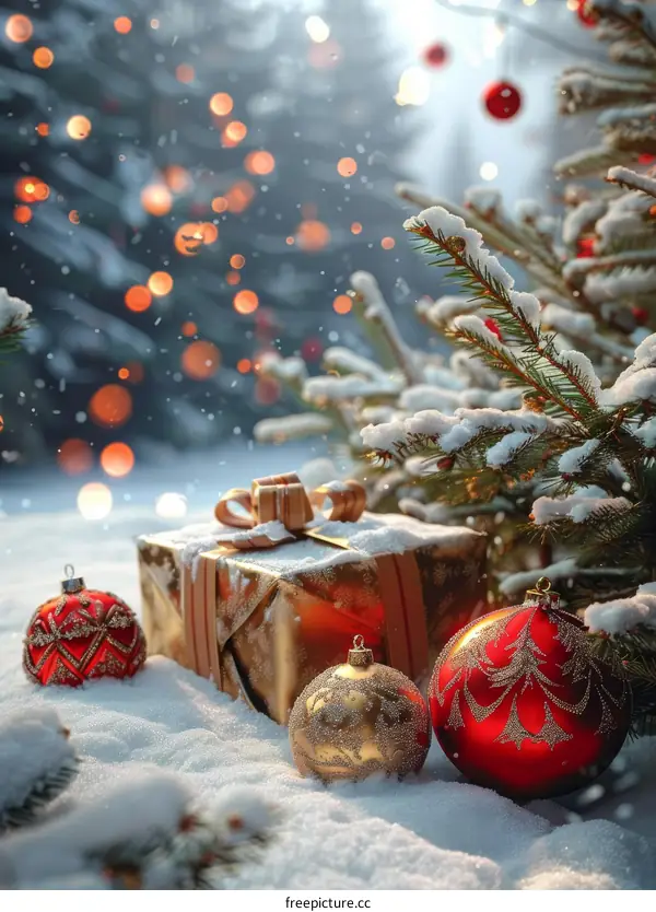 Snowy Christmas Scene with Gifts and Ornaments