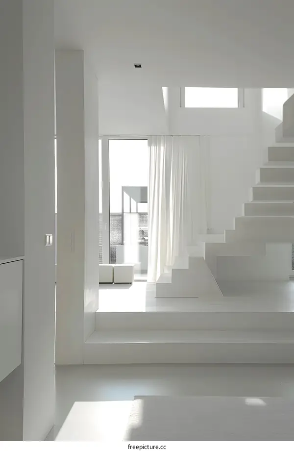 Modern Minimalist White Interior Design with Staircase and Large Window