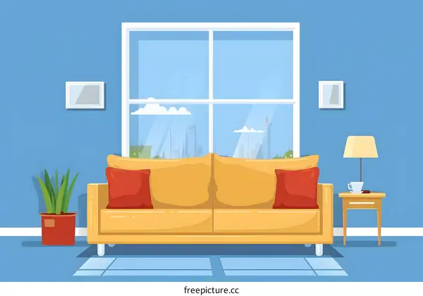Yellow Sofa in Living Room with Window View of City