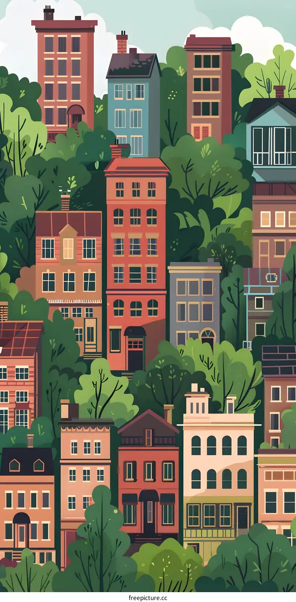 Colorful Illustration of Cityscape with Buildings and Trees