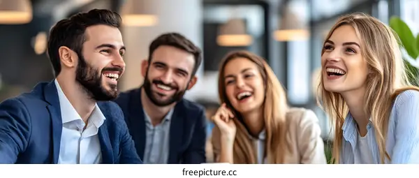 Happy Team of Business Professionals Laughing Together in Modern Office