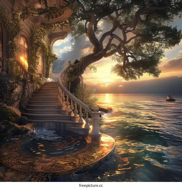 Fantasy seascape with a stairway to the ocean