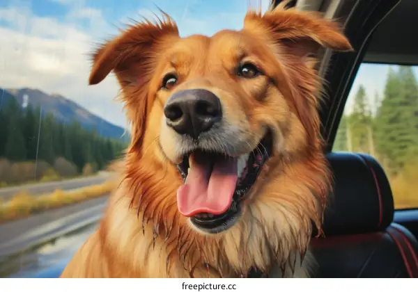 Happy dog sticking its head out of a car window