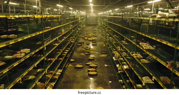 Empty Warehouse With Shelves And Scattered Items