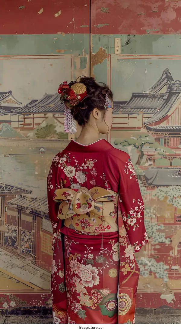 A woman wearing a red kimono with floral patterns standing in front of a traditional Japanese house
