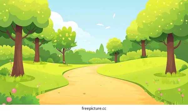 Cartoon Illustration of a Winding Path Through a Green Forest