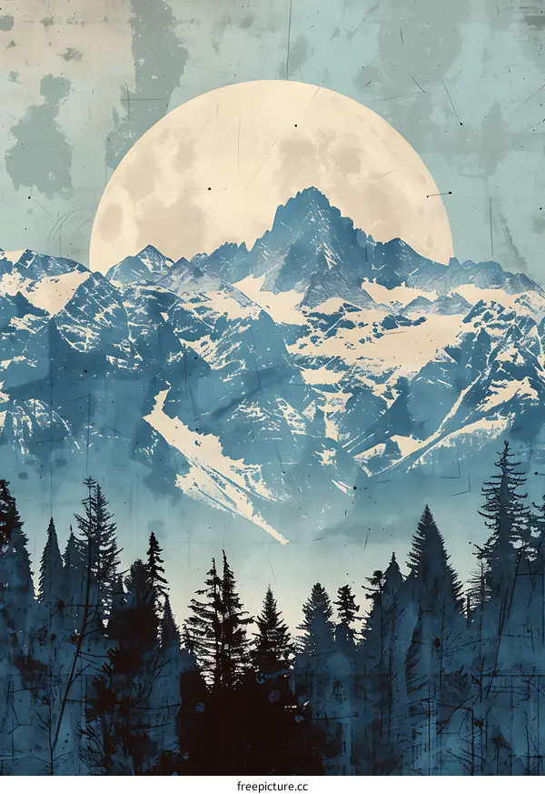 Blue Mountain Landscape with Full Moon