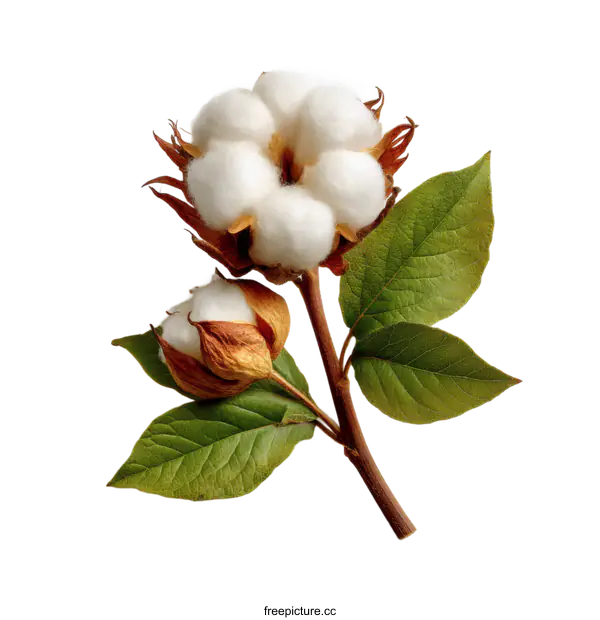 [Transparent Background PNG]Cotton Plant Branch with White Cotton Bolls and Green Leaves