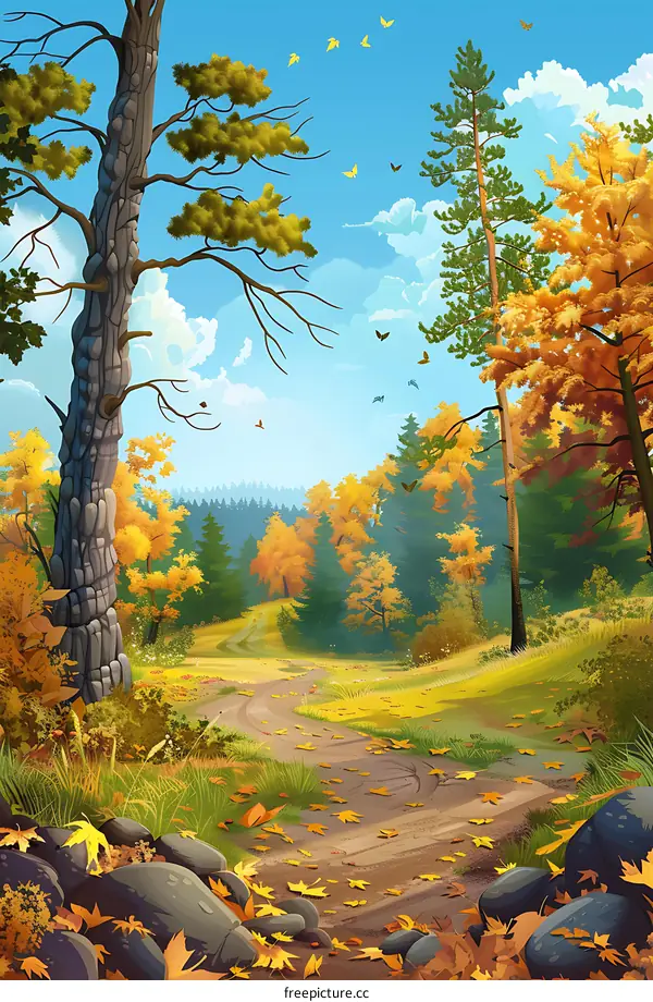 Autumn Forest Path With Yellow Leaves