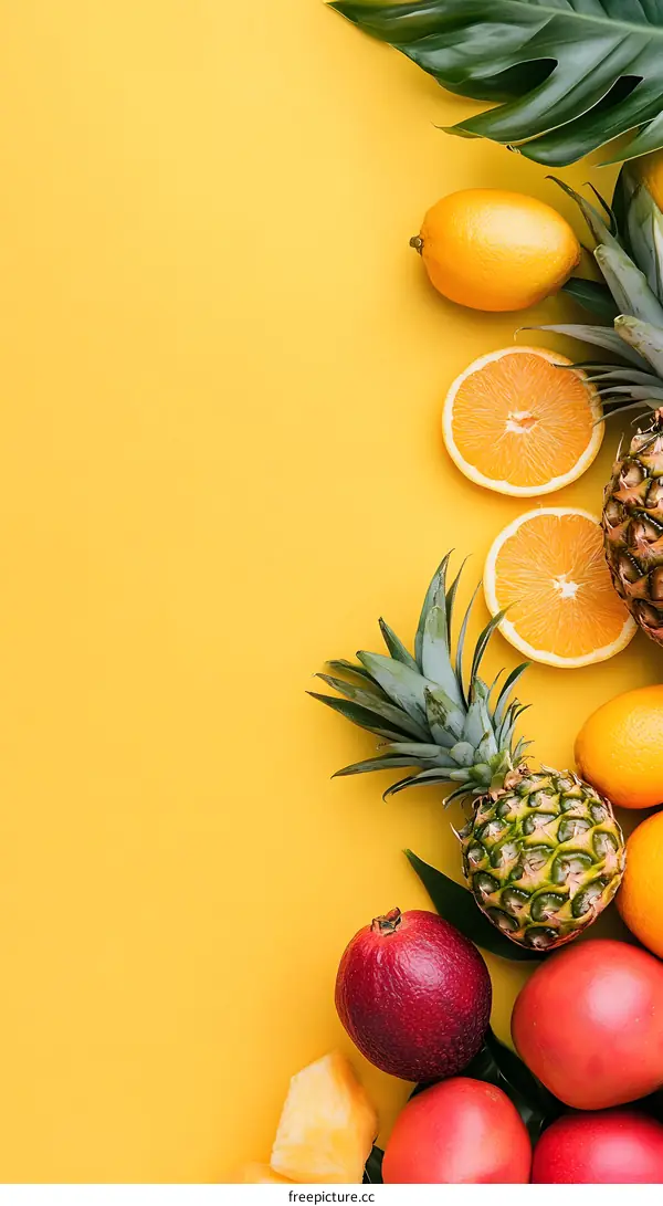 Tropical Fruits Flat Lay With Yellow Background