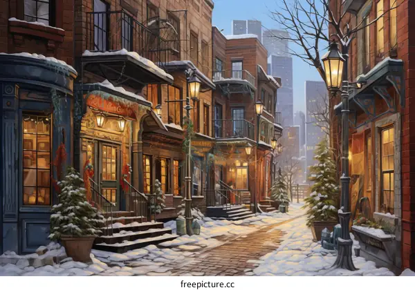 Snowy European City Street with Shops and Decorations