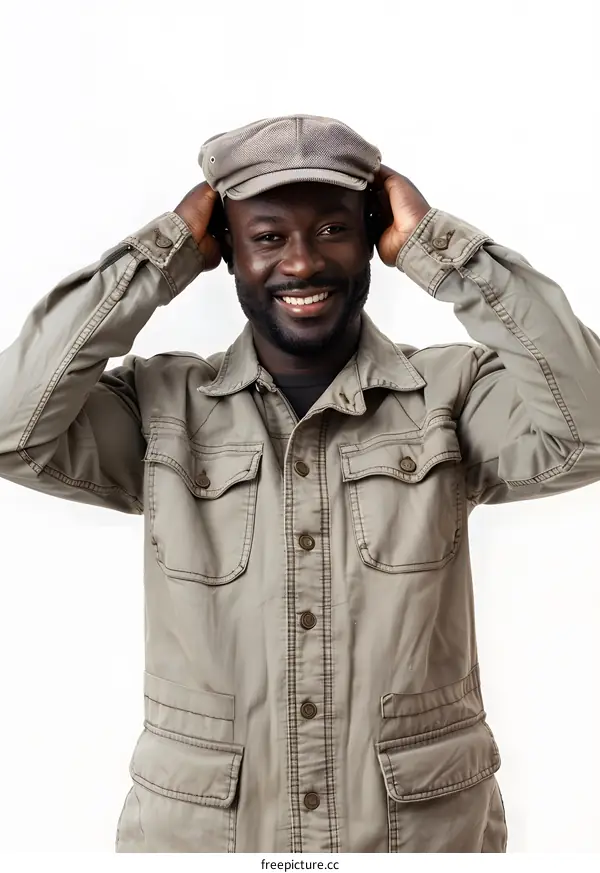 Studio portrait of a smiling African man wearing a brown hat