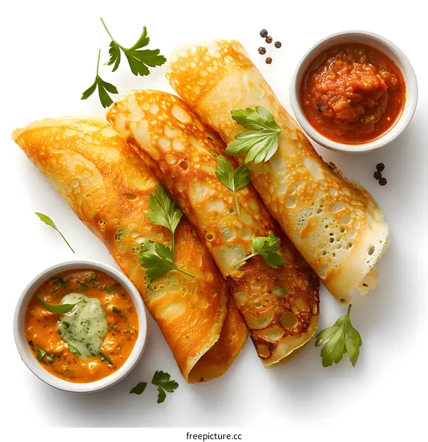 Indian food dosa with coconut chutney and red chutney