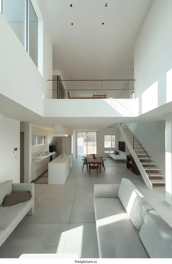 Modern Open Plan Home Interior Design With White Walls And Grey Tile Flooring