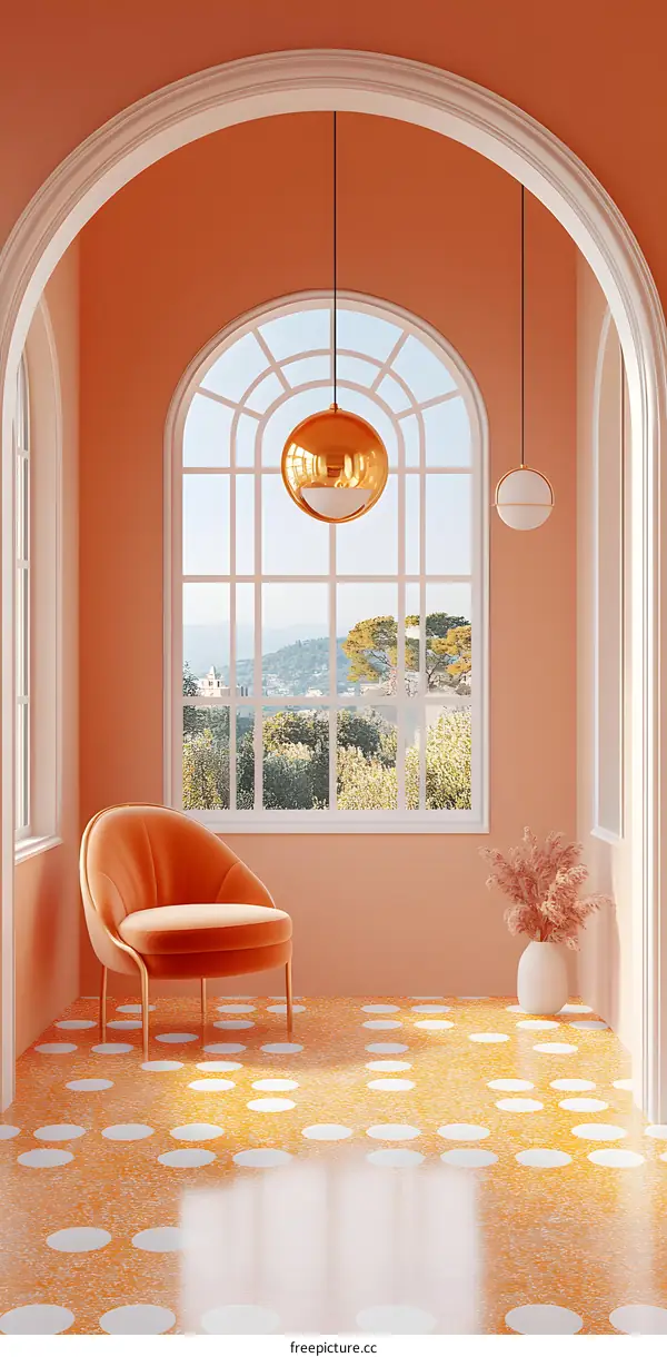 Modern Interior Design with Orange Walls, White Polka Dot Floor, and Archway Window