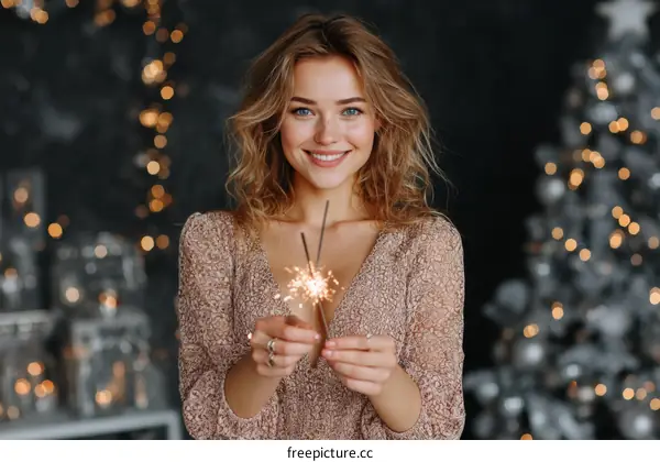 Smiling Woman Holding Sparkler in Festive Setting