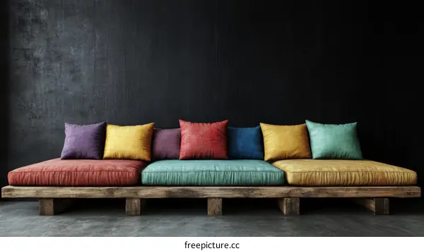 Colorful Wooden Sofa with Cushions in a Modern Interior