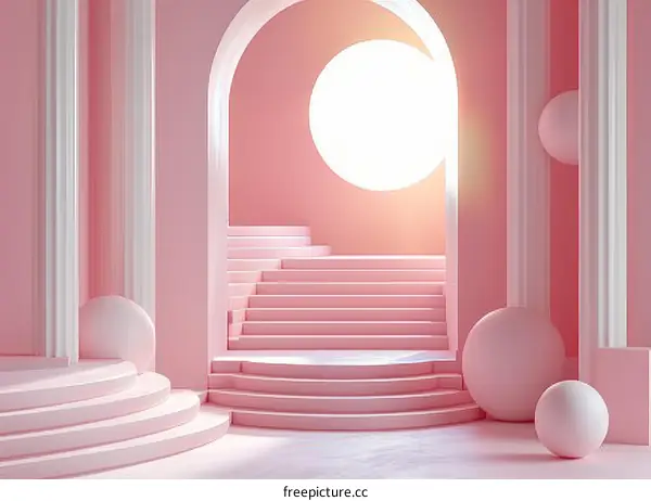 Pink Geometric Shapes and Podiums in Surreal Dreamscape