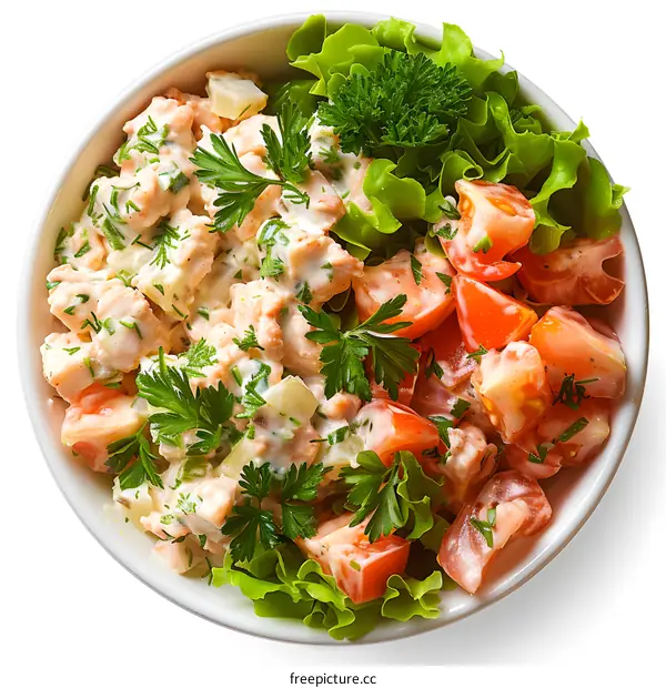 bowl of salad with lettuce, tomatoes and parsley