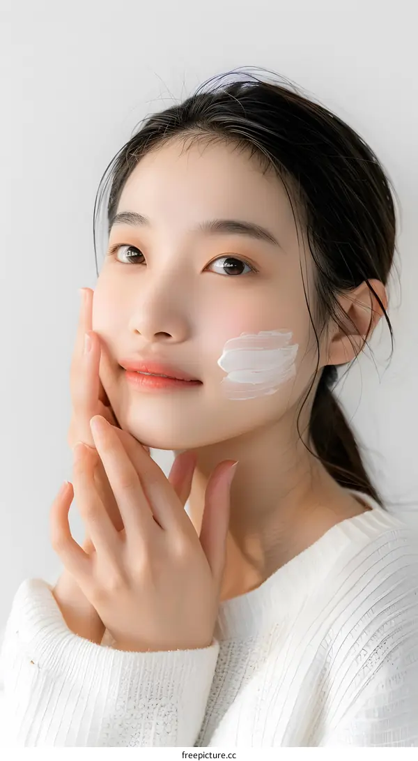 Young Asian Woman Applying Face Cream