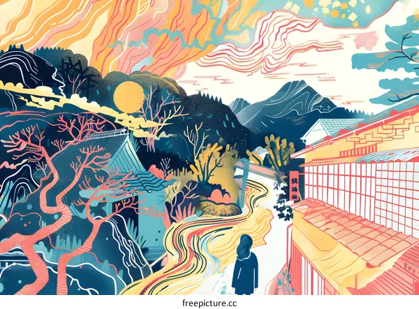 Colorful Illustration of a Woman Walking Through a Japanese Village
