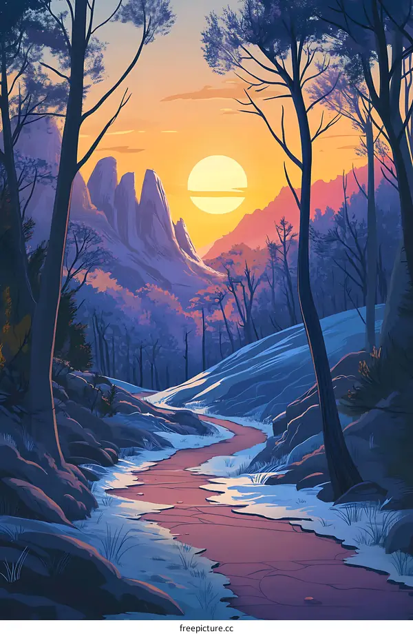 Winter Sunset Landscape Illustration With Path