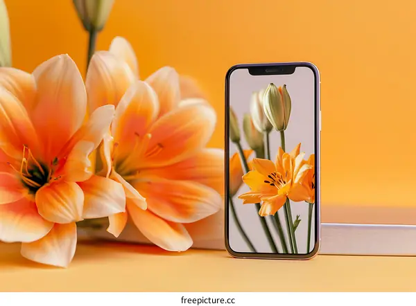 Orange Flowers on Phone Screen Minimalist Photography