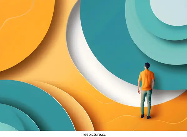 Abstract Art with a Man in a Yellow Shirt Standing in Front of Circular Shapes