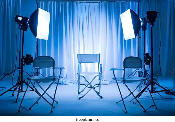 Three Folding Chairs On Stage With Blue Lights And White Curtains