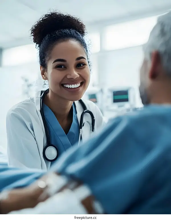 Smiling Female Doctor Talking To Patient In Hospital Room