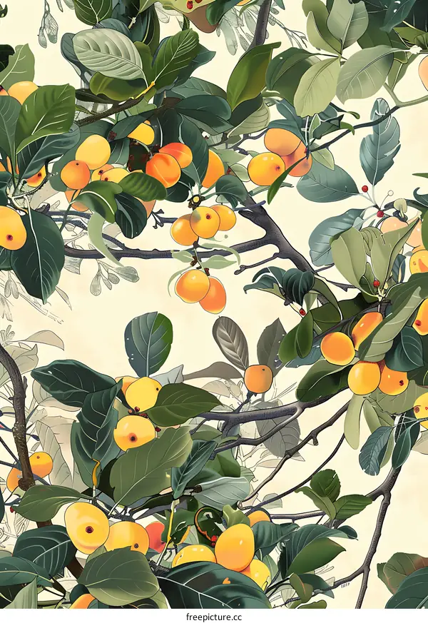 Botanical Illustration of a Branch of Loquat Fruit