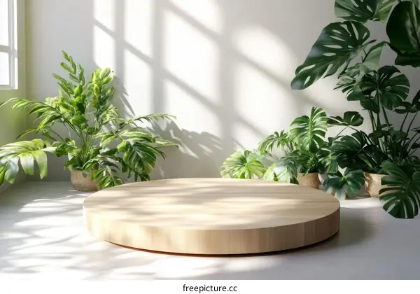 Wooden Display Podium with Lush Plants