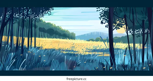 Forest Landscape with Blue Grass and Yellow Field
