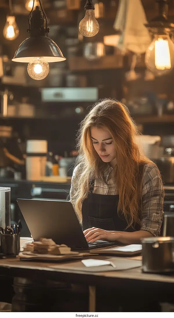 Woman Working on Laptop in a Cozy Cafe