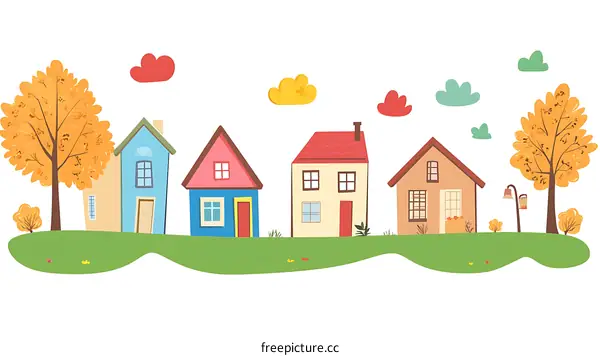 Cartoon Illustration Of A Row Of Colorful Houses With Trees And Clouds In The Background