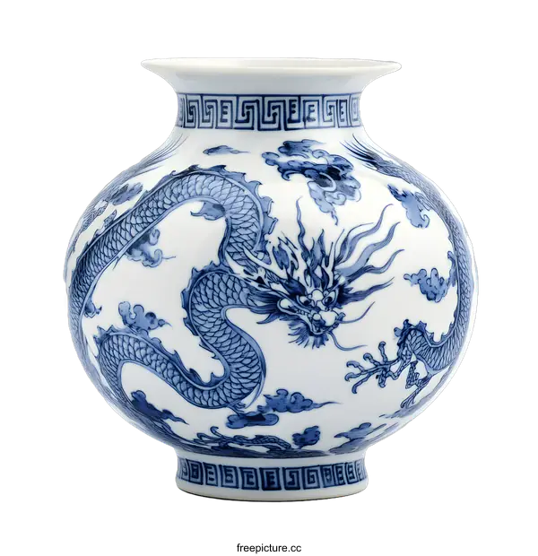 [Transparent Background PNG]Blue and White Porcelain Vase with Dragon Design