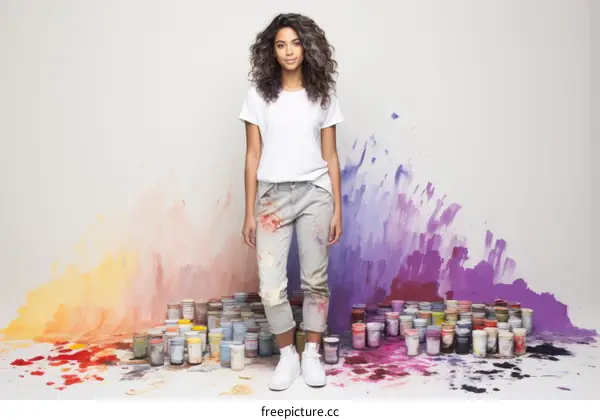 Woman standing in front of a colorful painted wall