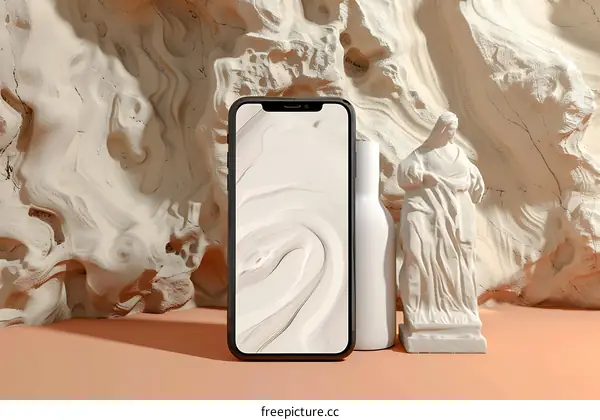 Abstract Minimalist Smartphone Mockup with White Marble Texture and Statue