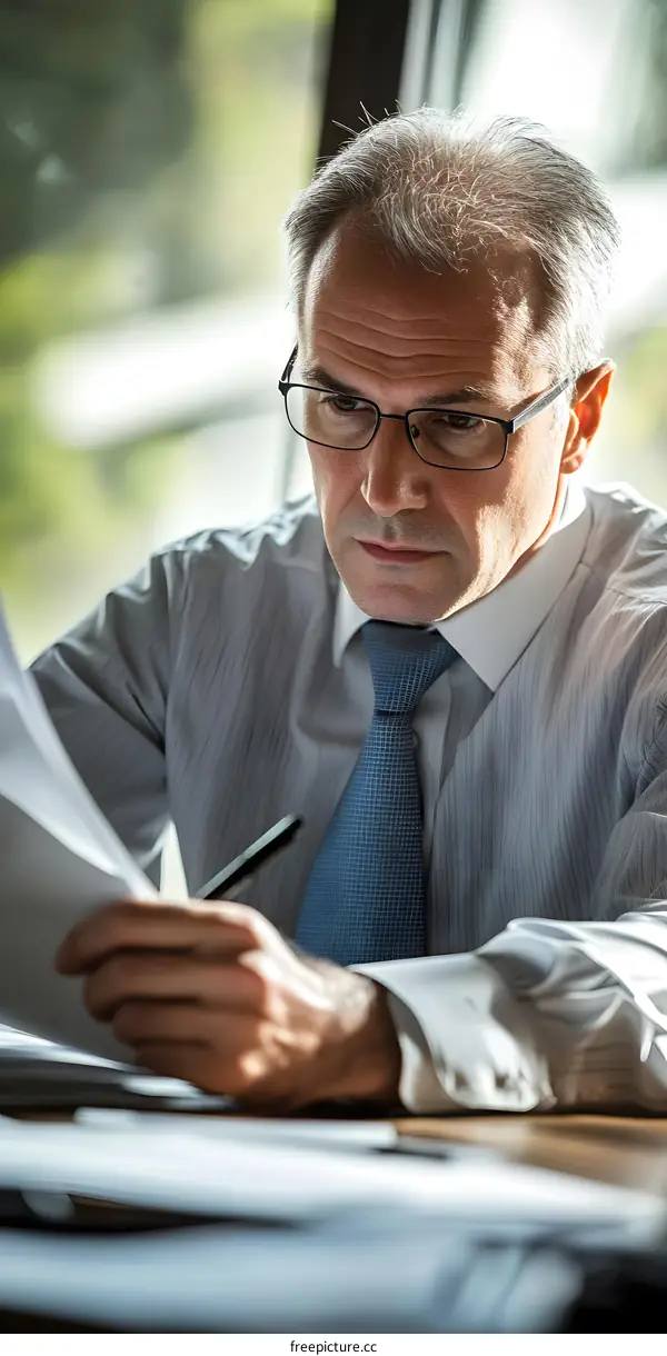 Businessman Reviewing Documents at Desk
