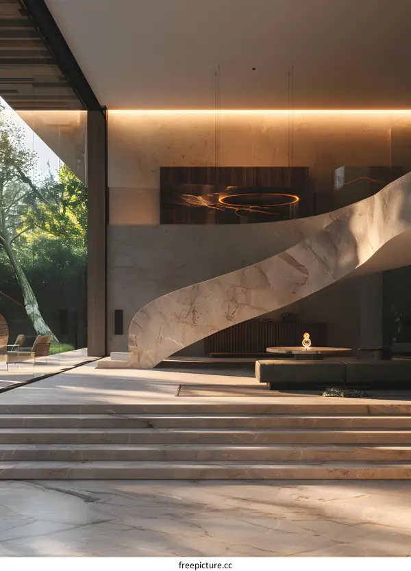 Modern Interior Design with Curved Staircase and Natural Light
