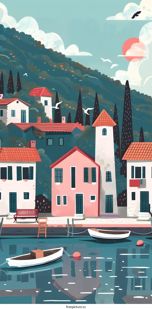 Colorful Illustration of a Small Coastal Town with Boats in a Canal