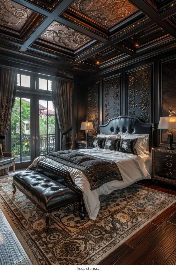 Dark Luxury Bedroom with Ornate Ceiling