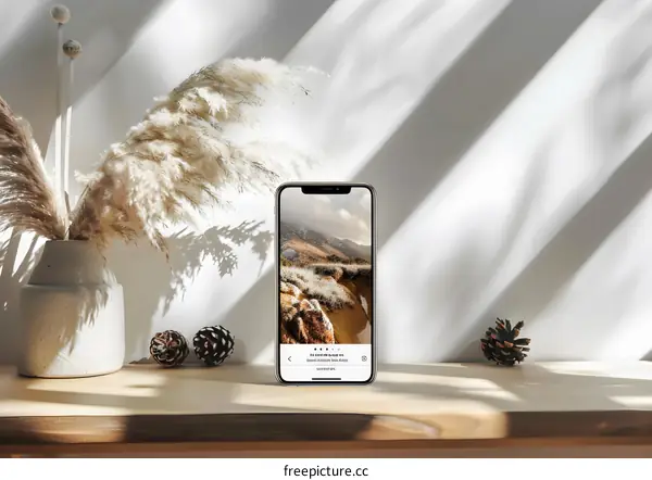 Minimalist Phone Display With Mountain Landscape Photo On The Screen