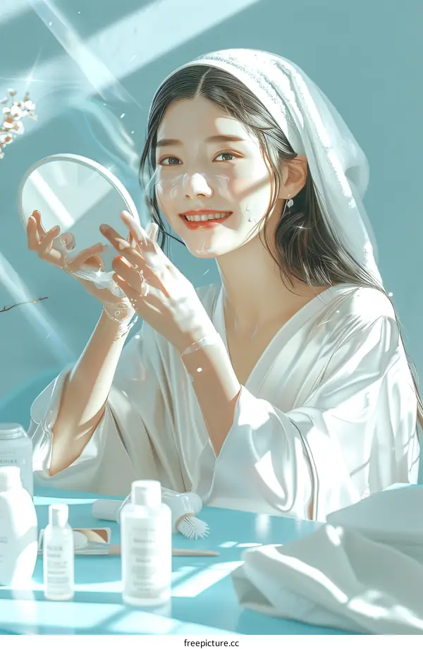 Asian woman applying facial cream and smiling at her reflection in the mirror