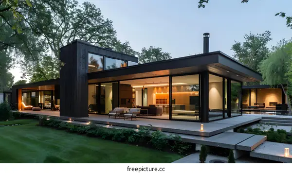 Modern Black House With Large Windows and Deck